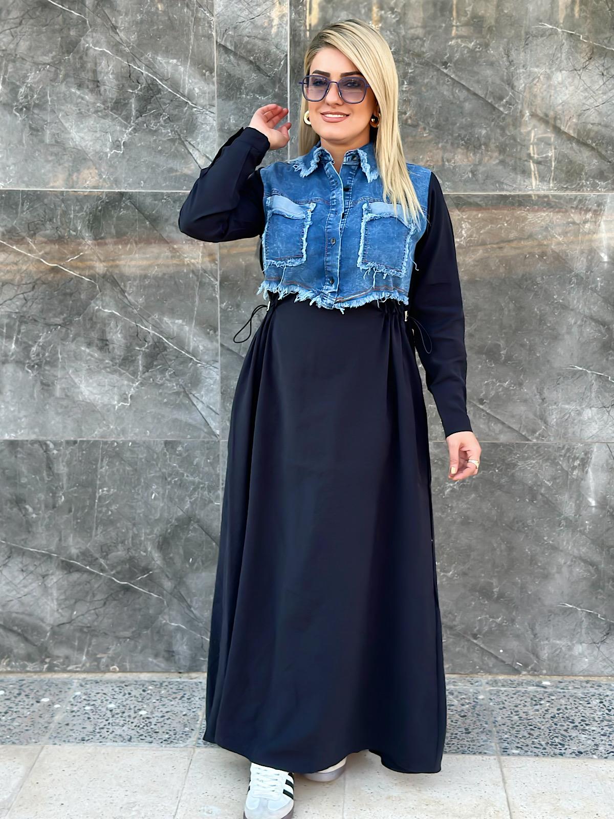 Bel Büzgülü Denim Detaylı Elbise SİYAH