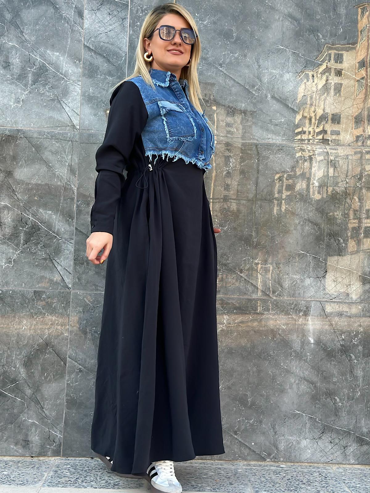Bel Büzgülü Denim Detaylı Elbise SİYAH