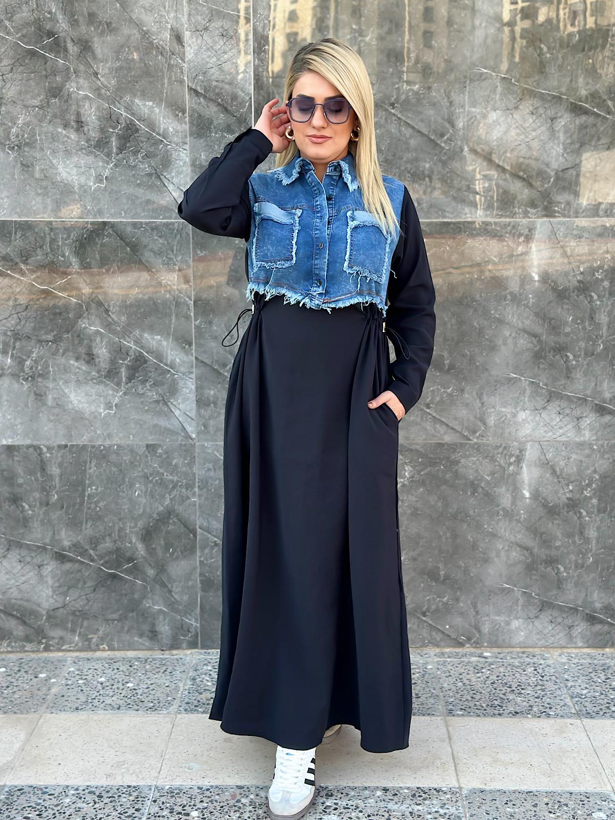 Bel Büzgülü Denim Detaylı Elbise SİYAH