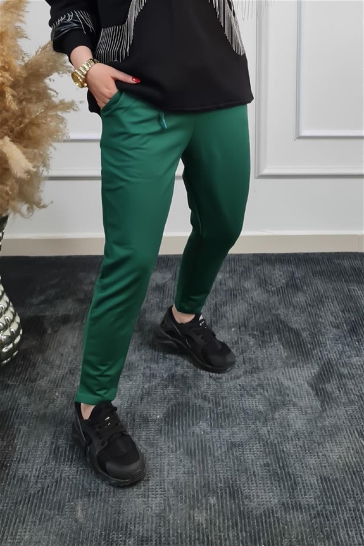 Beli İpli Paçası Yırtmaçlı Jogger Pantolon ZÜMRÜT YEŞİLİ