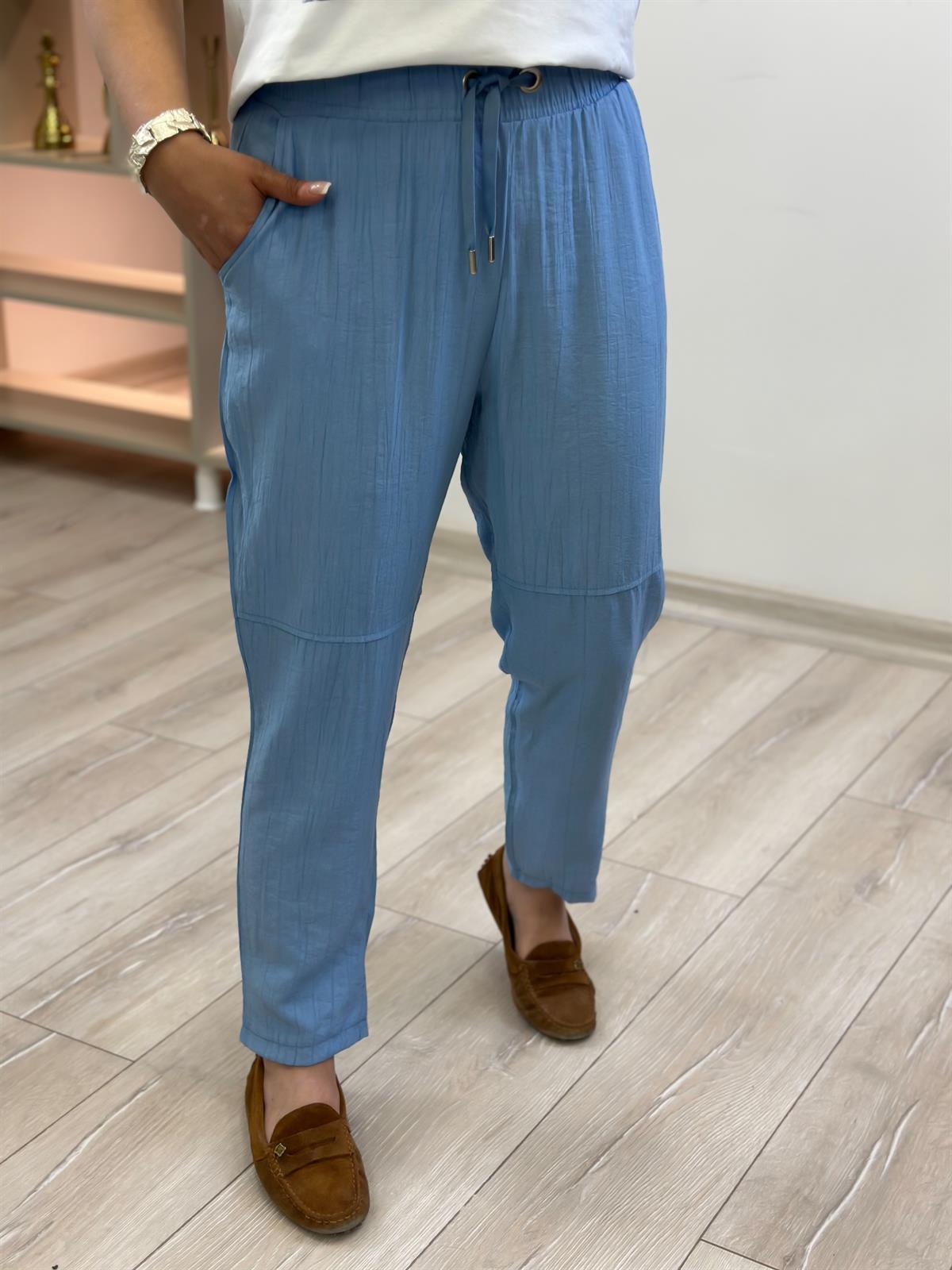 Beli Lastikli Keten Pantolon BEBE MAVİ