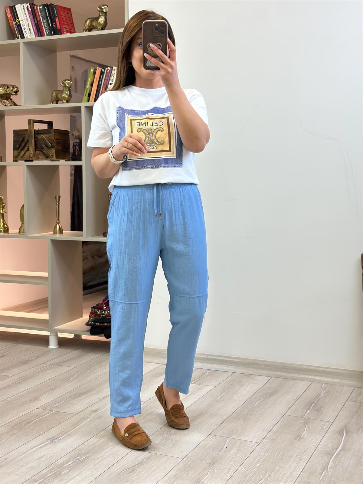 Beli Lastikli Keten Pantolon BEBE MAVİ