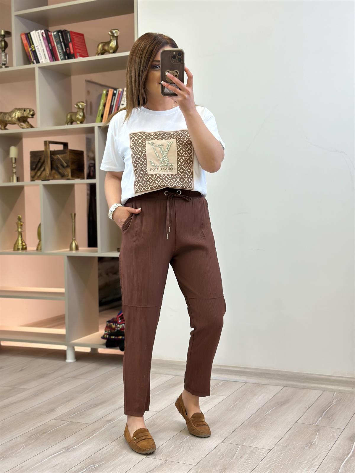 Beli Lastikli Keten Pantolon KAHVE