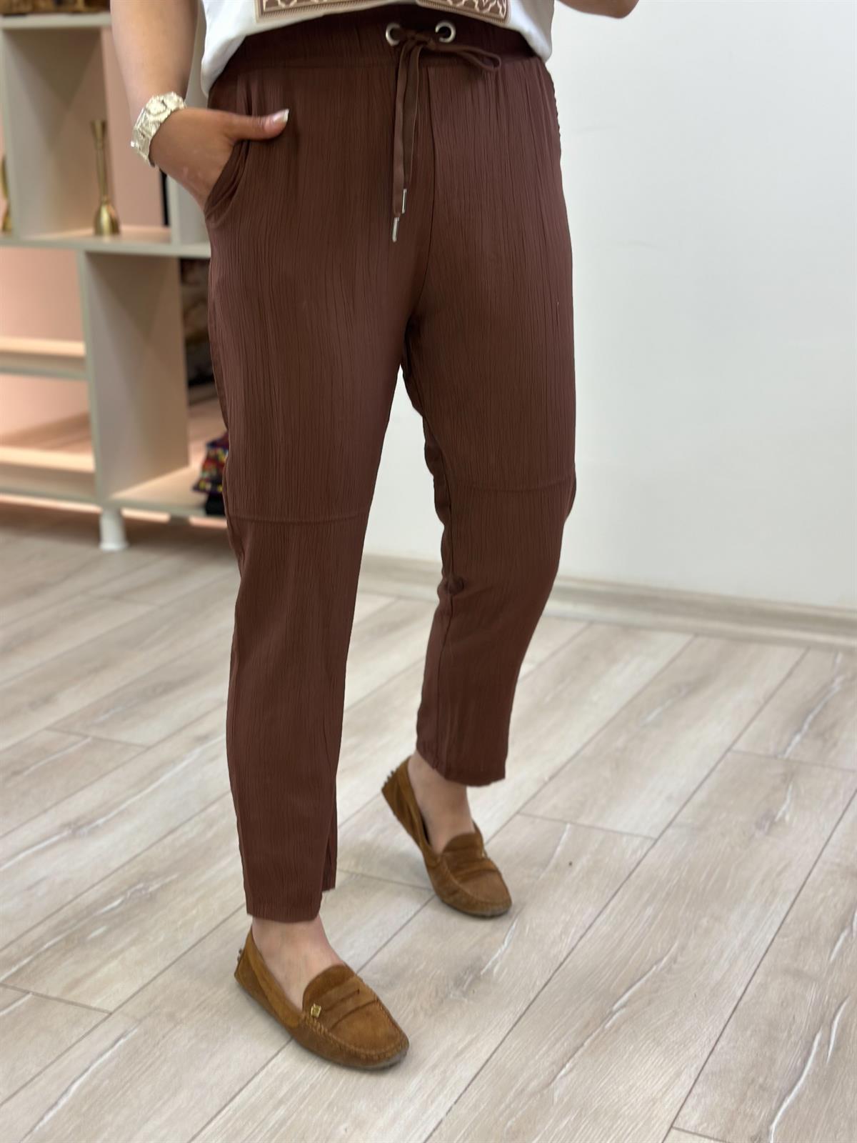 Beli Lastikli Keten Pantolon KAHVE