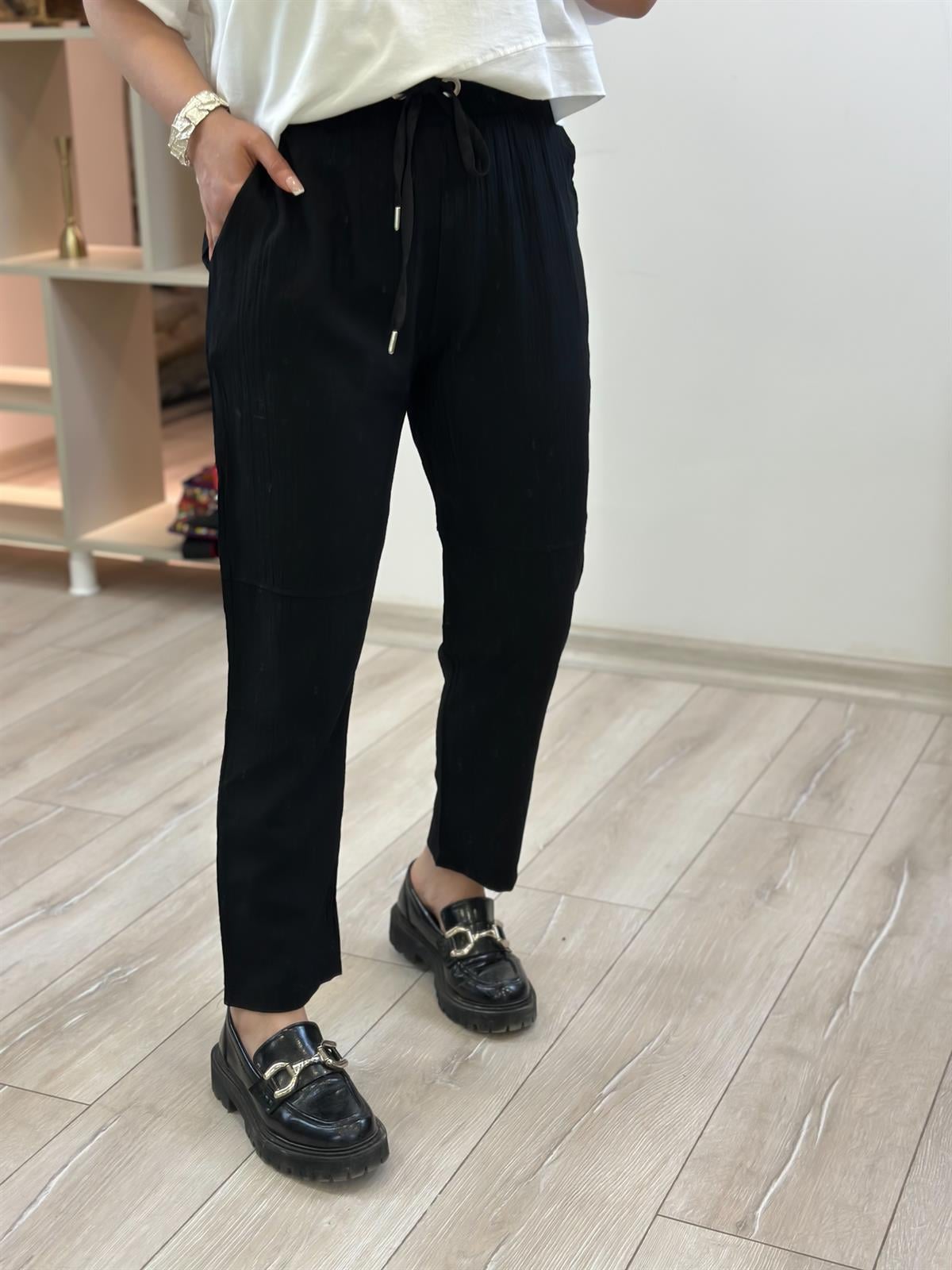 Beli Lastikli Keten Pantolon SİYAH