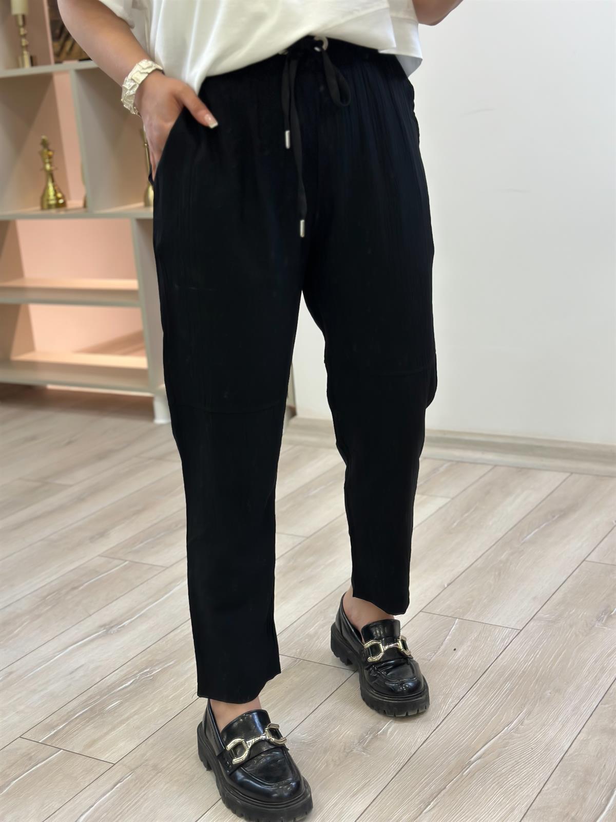 Beli Lastikli Keten Pantolon SİYAH