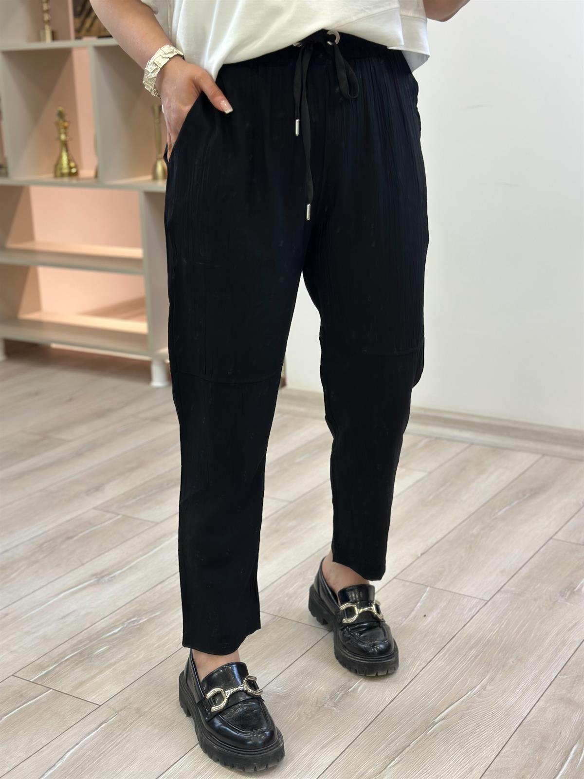 Beli Lastikli Keten Pantolon SİYAH