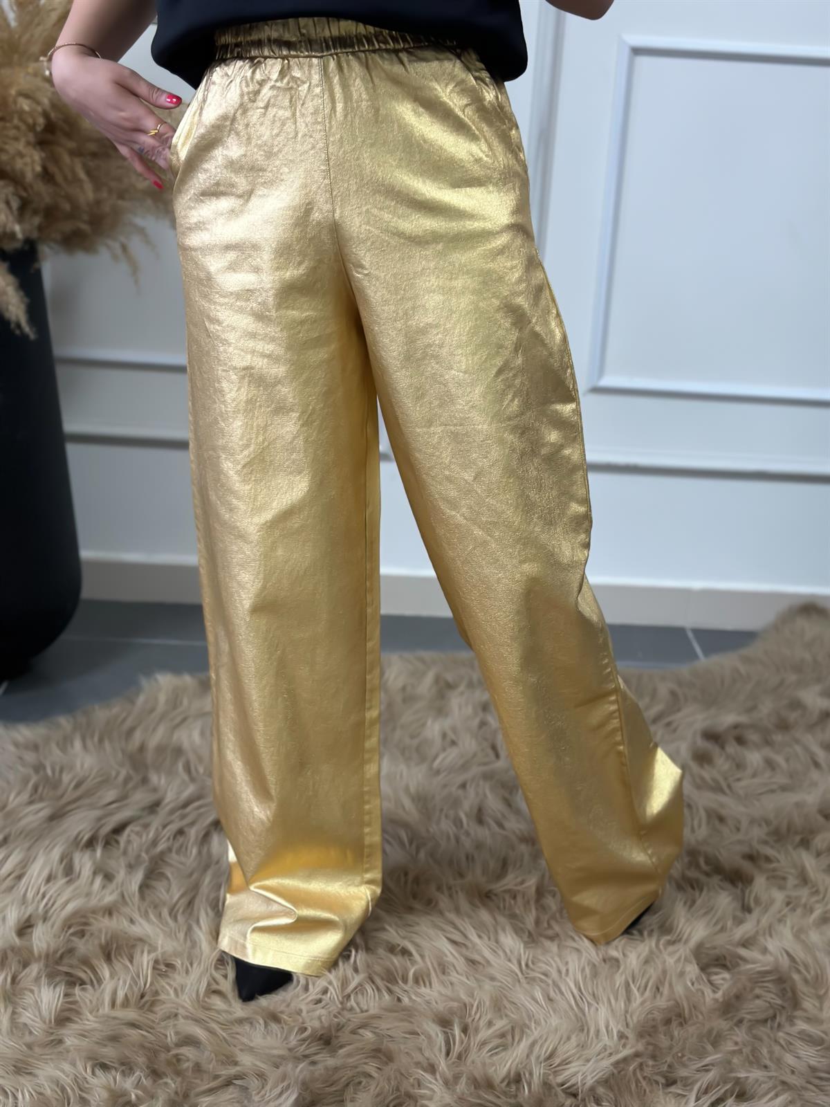 Beli Lastikli Ultra Yüksek Bel Gold Palazzo Pantolon GOLD