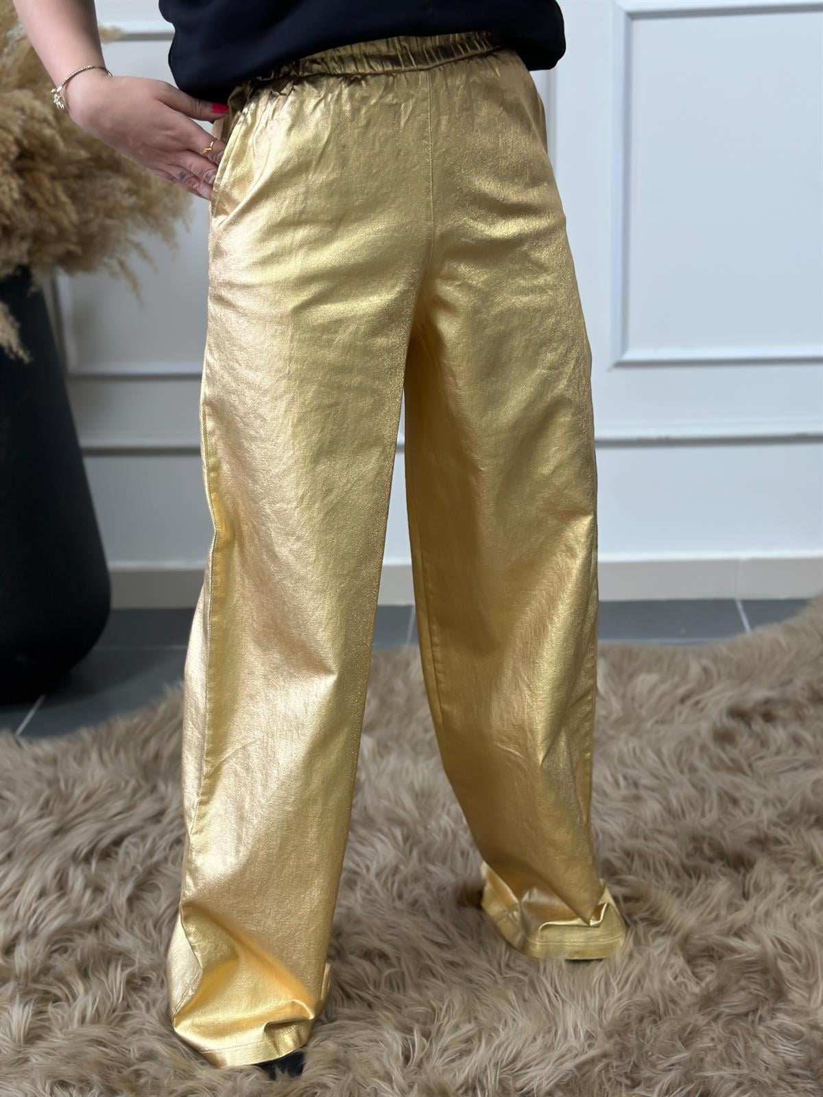 Beli Lastikli Ultra Yüksek Bel Gold Palazzo Pantolon GOLD
