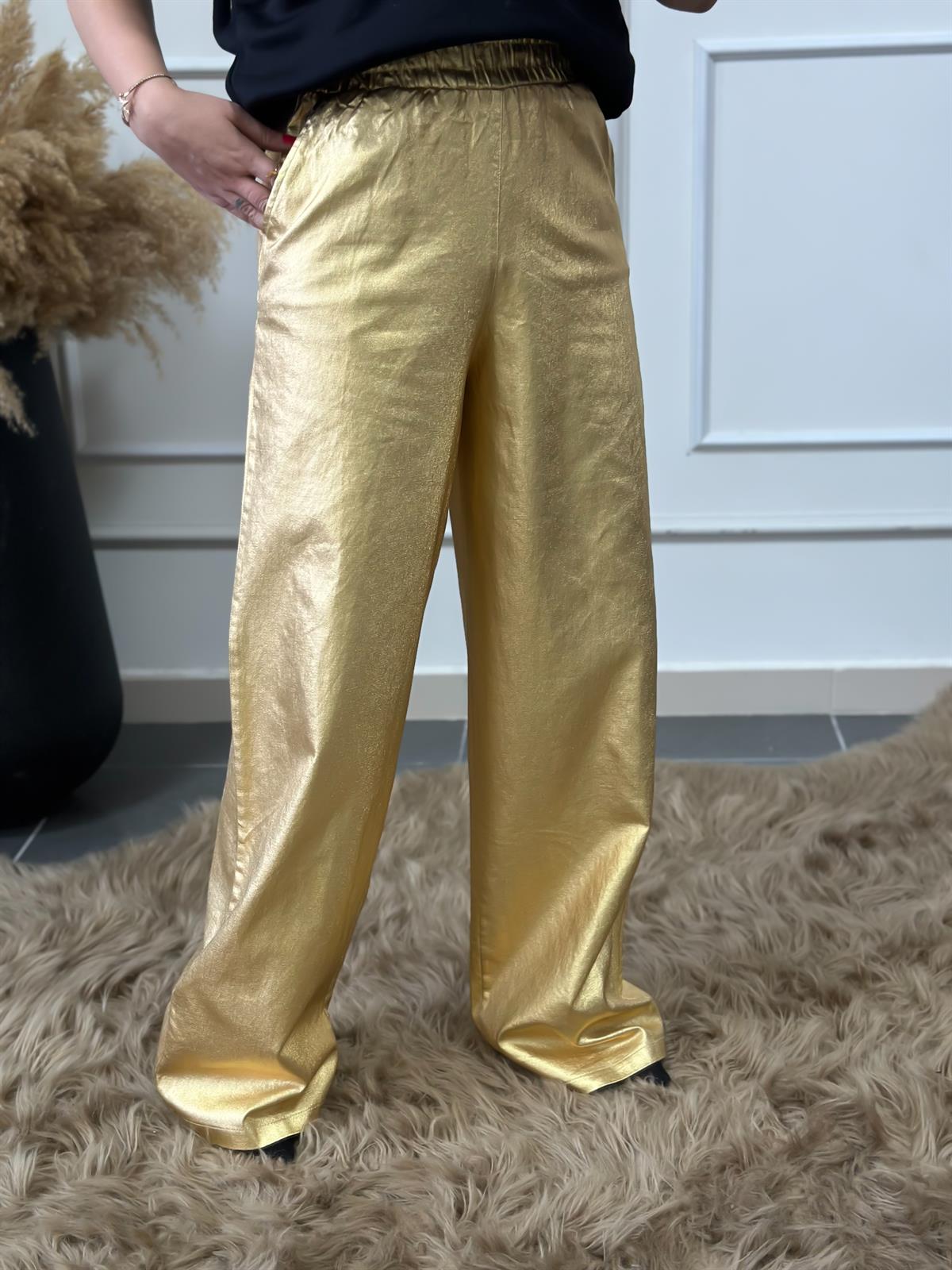 Beli Lastikli Ultra Yüksek Bel Gold Palazzo Pantolon GOLD