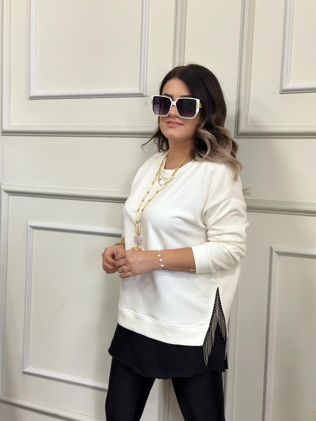 Beyaz Siyah Altı Penye Zincir Detaylı Sweatshirt BEYAZ