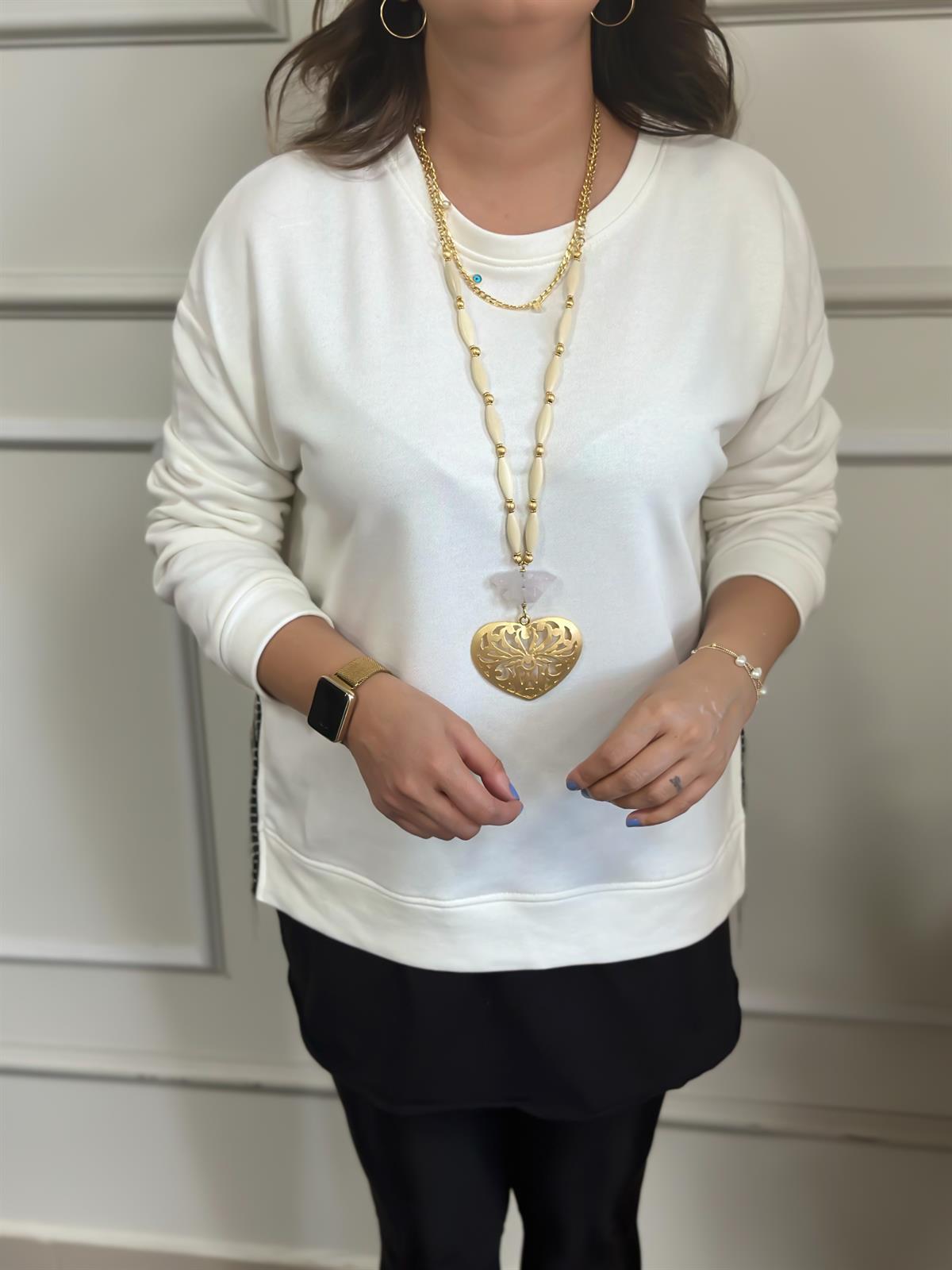 Beyaz Siyah Altı Penye Zincir Detaylı Sweatshirt BEYAZ