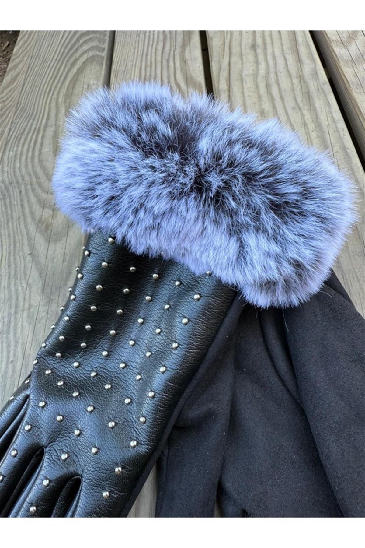 Bileği Kürklü Taşlı  PU Deri Eldiven SİYAH