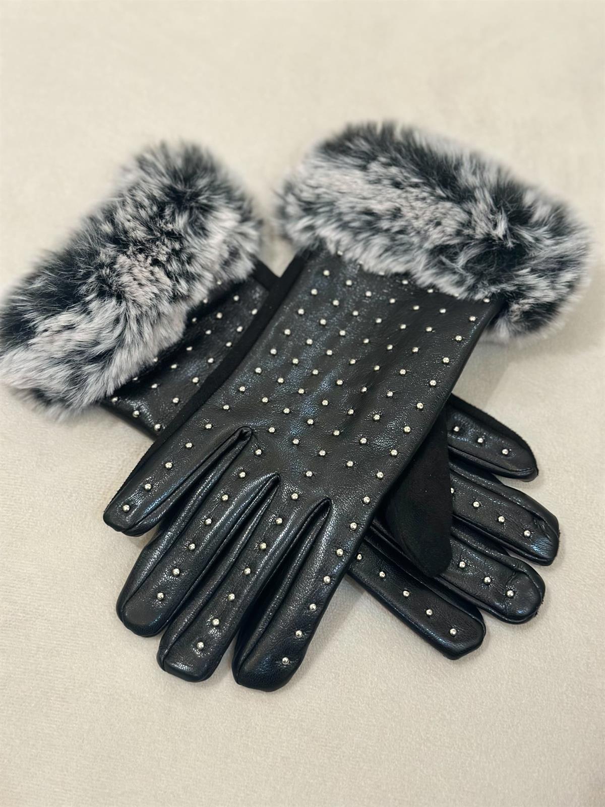 Bileği Kürklü Taşlı  PU Deri Eldiven SİYAH