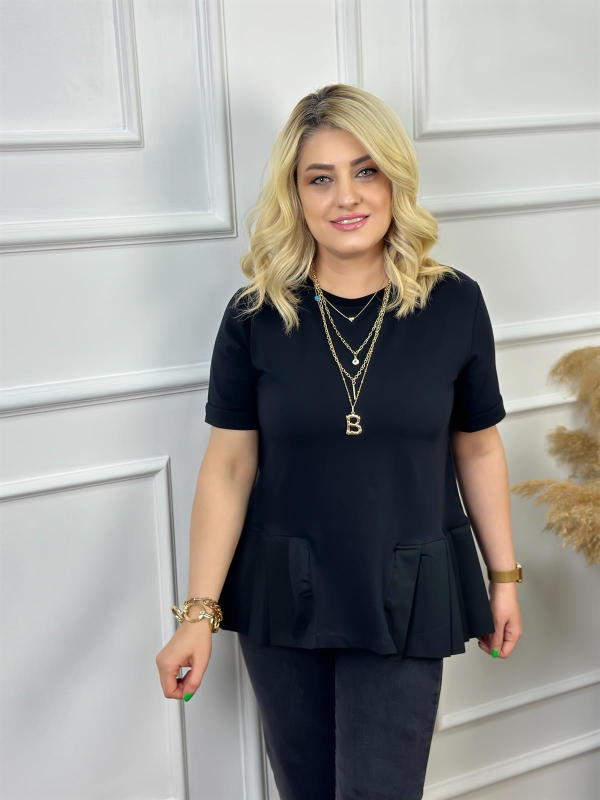 Bisikilet Yaka Altı Poplin Detaylı Tshirt SİYAH