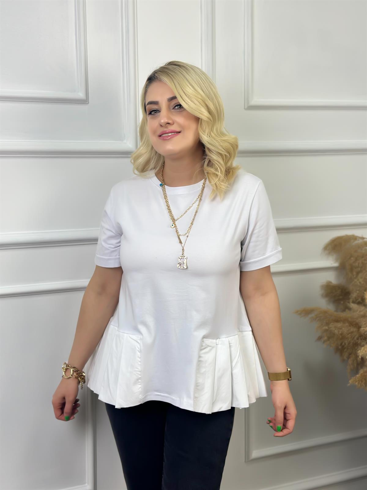 Bisikilet Yaka Altı Poplin Detaylı Tshirt BEYAZ