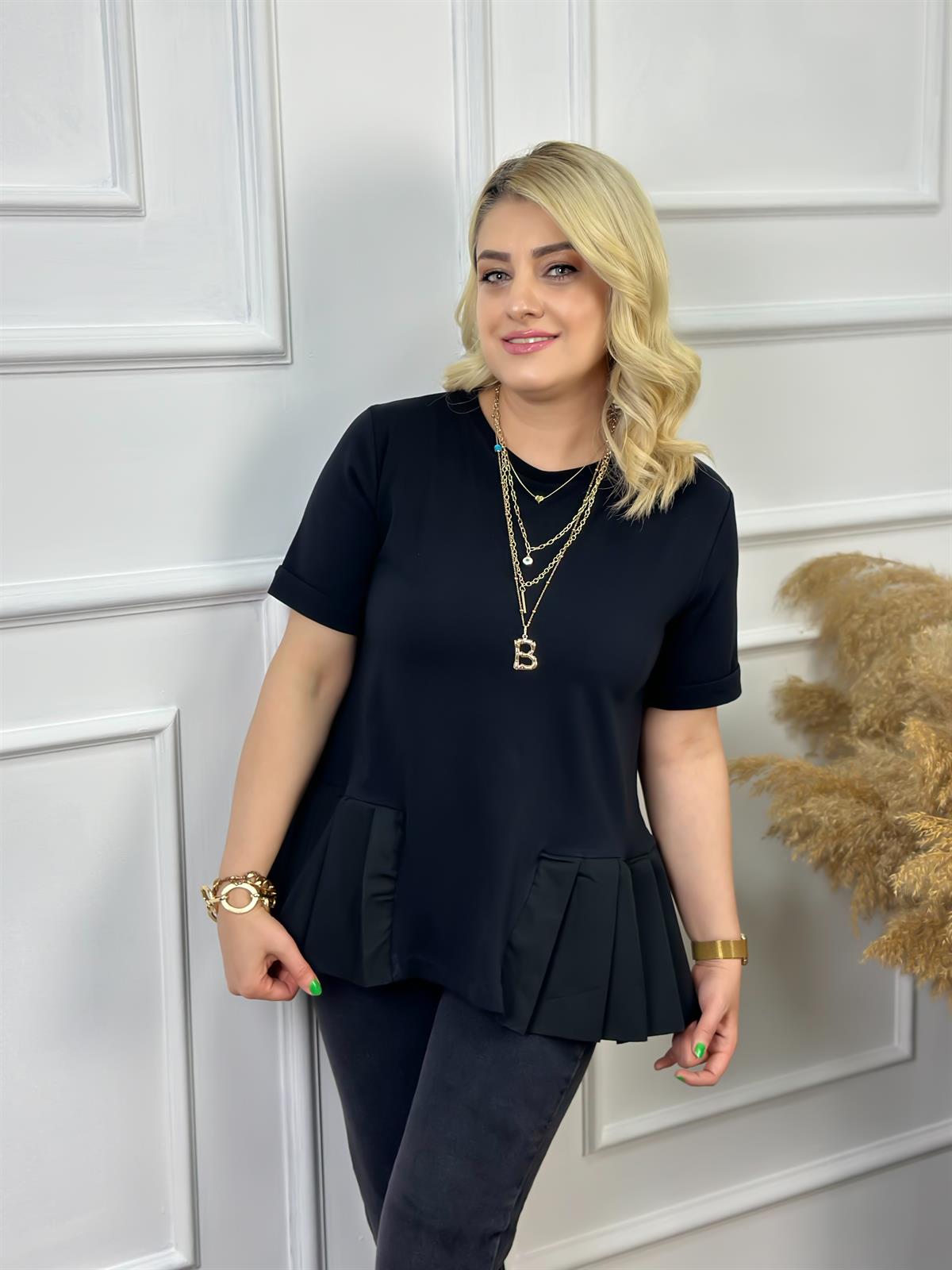 Bisikilet Yaka Altı Poplin Detaylı Tshirt SİYAH