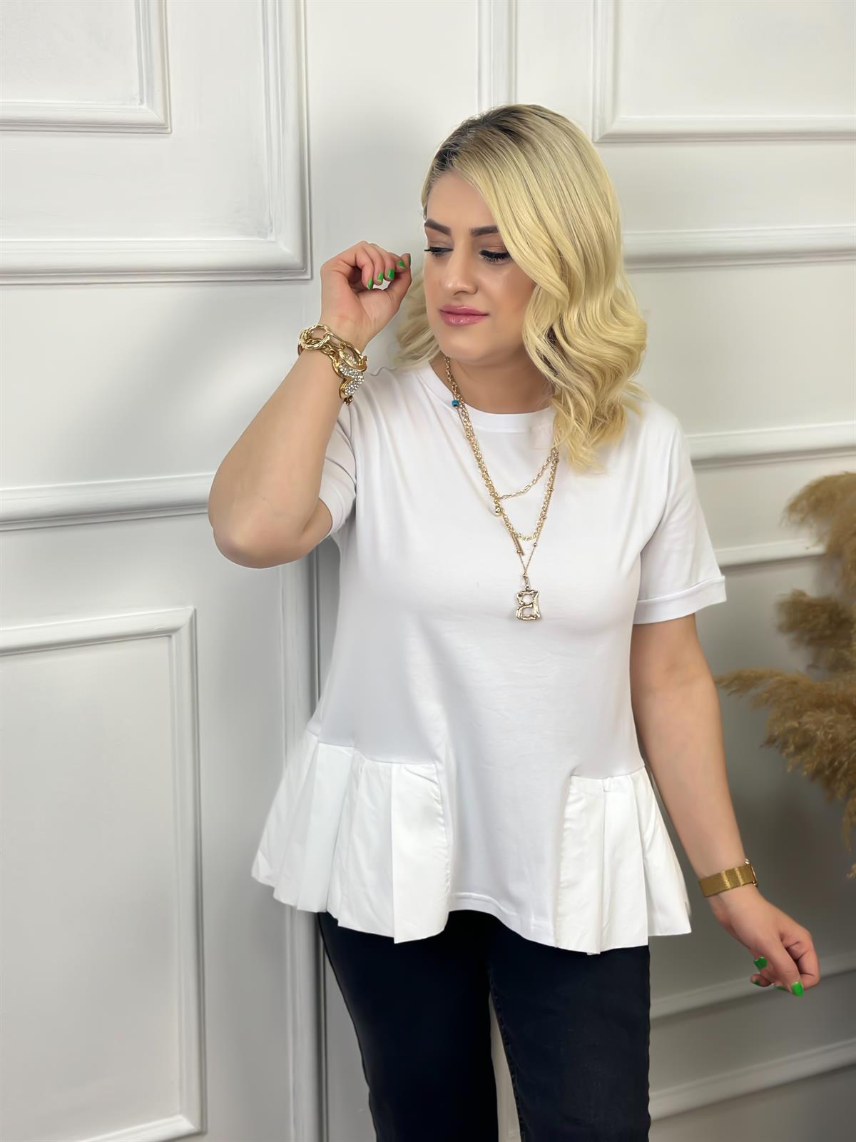 Bisikilet Yaka Altı Poplin Detaylı Tshirt BEYAZ