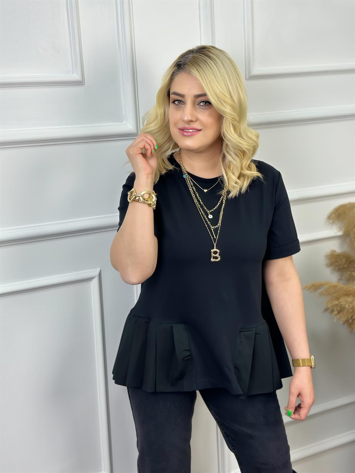 Bisikilet Yaka Altı Poplin Detaylı Tshirt SİYAH
