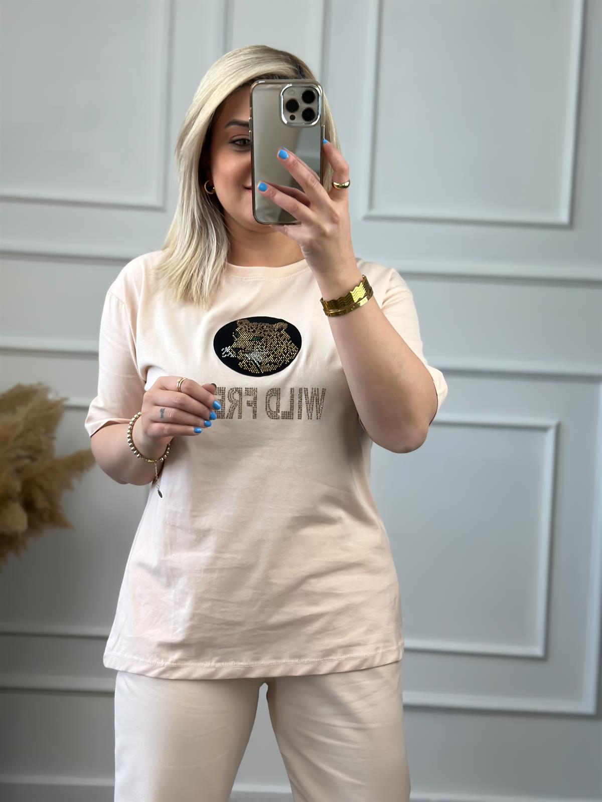 Bisikilet Yaka Arkası Leopar Baskılı Taş İşlemeli Tshirt BEJ