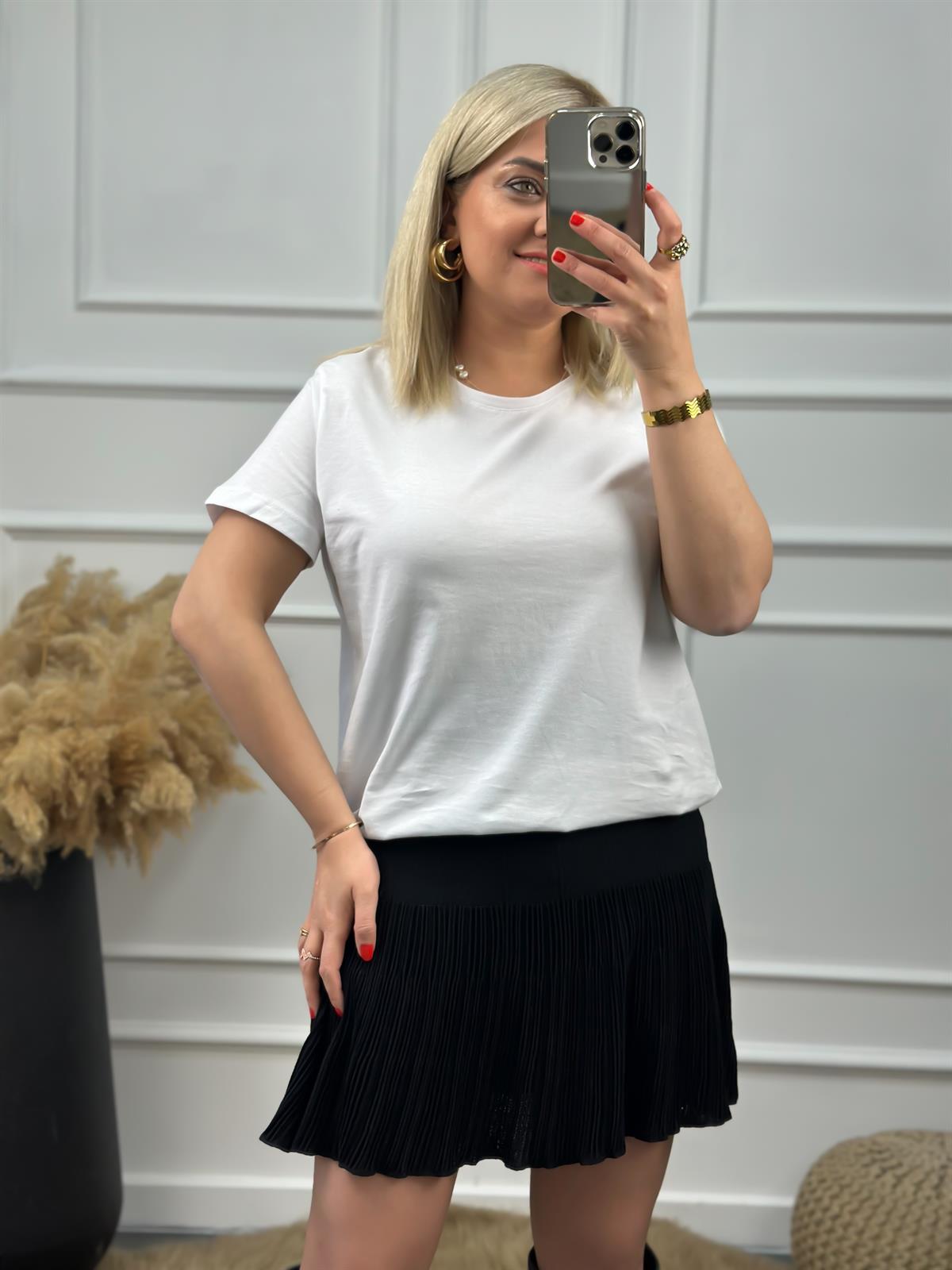 Bisikilet Yaka Basic Tshirt BEYAZ
