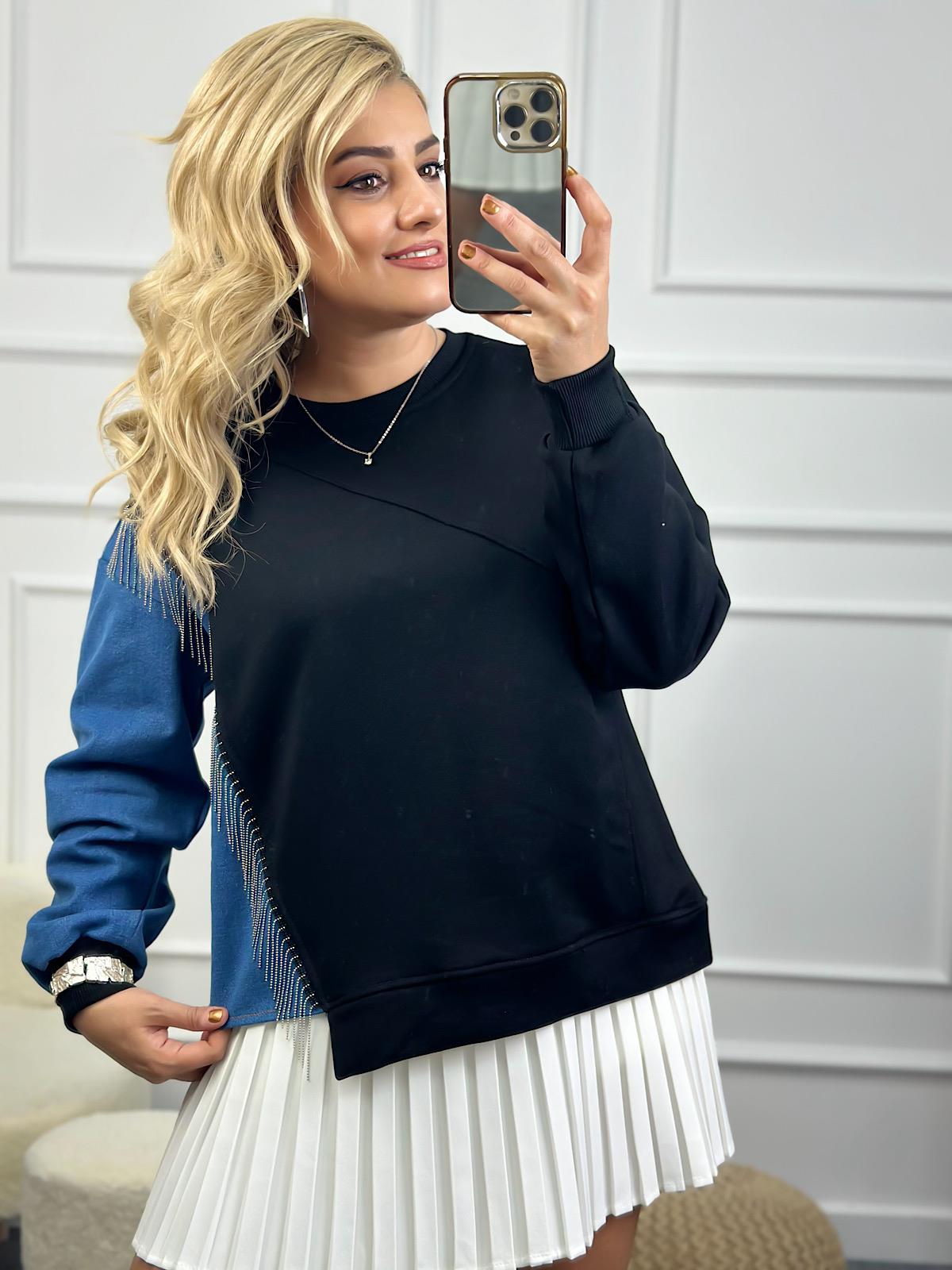Bisiklet Yaka Kollu  Jean Detaylı Zincirli Sweatshirt SİYAH