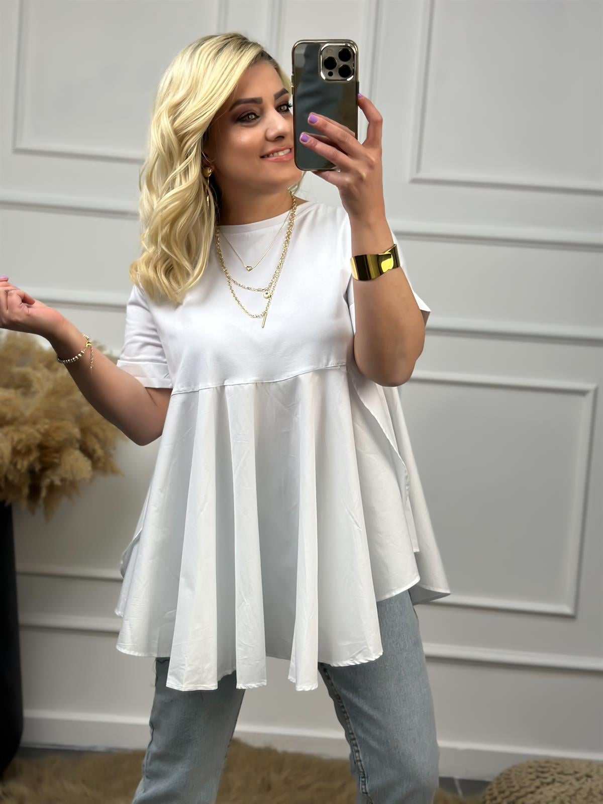 Bisiklet Yaka Yırtmaçlı Poplin Detaylı Tasarım Tshirt BEYAZ