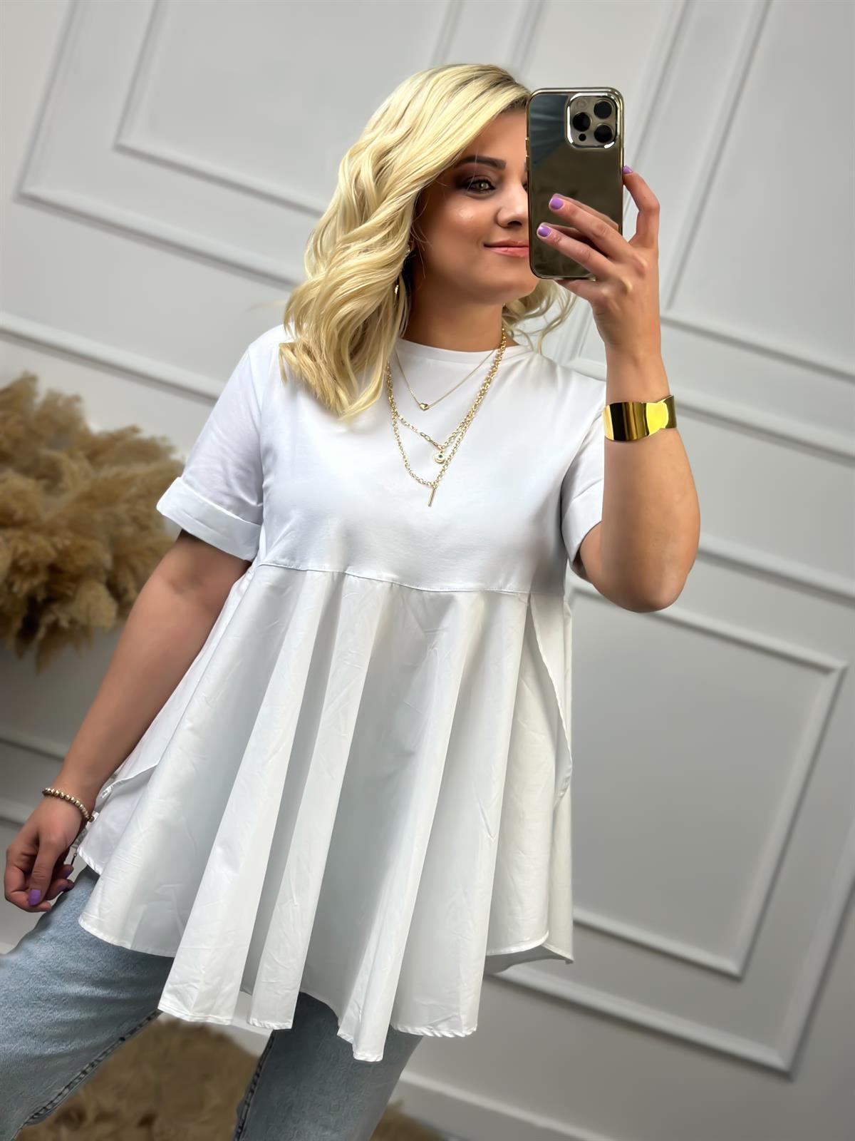 Bisiklet Yaka Yırtmaçlı Poplin Detaylı Tasarım Tshirt BEYAZ