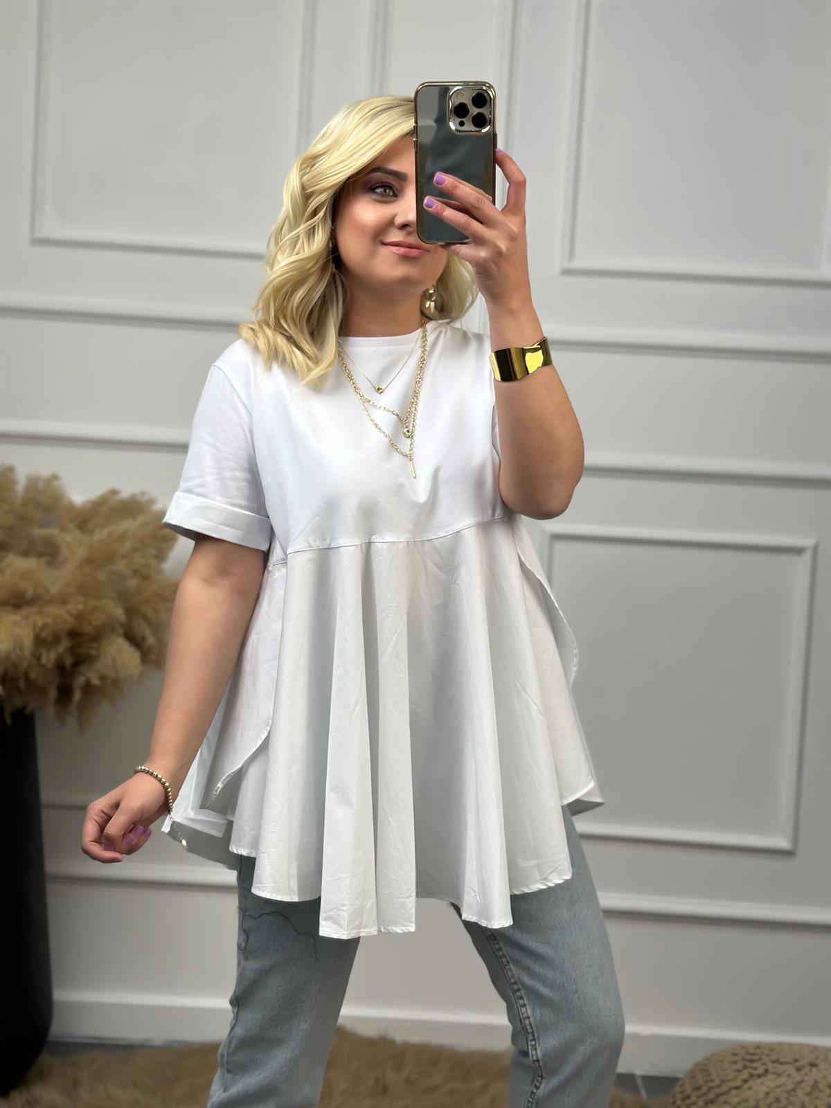 Bisiklet Yaka Yırtmaçlı Poplin Detaylı Tasarım Tshirt BEYAZ