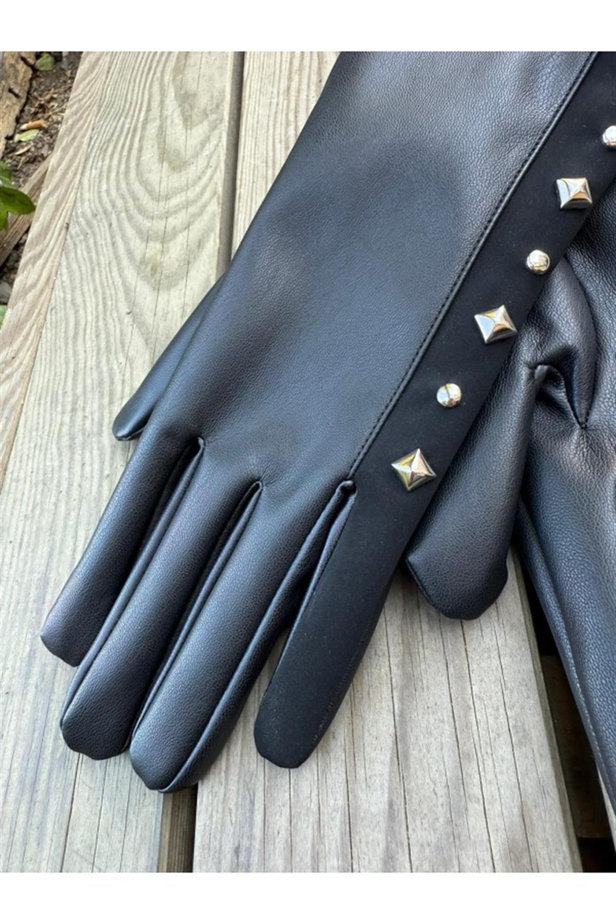 Blok Taşlı PU Deri Eldiven SİYAH