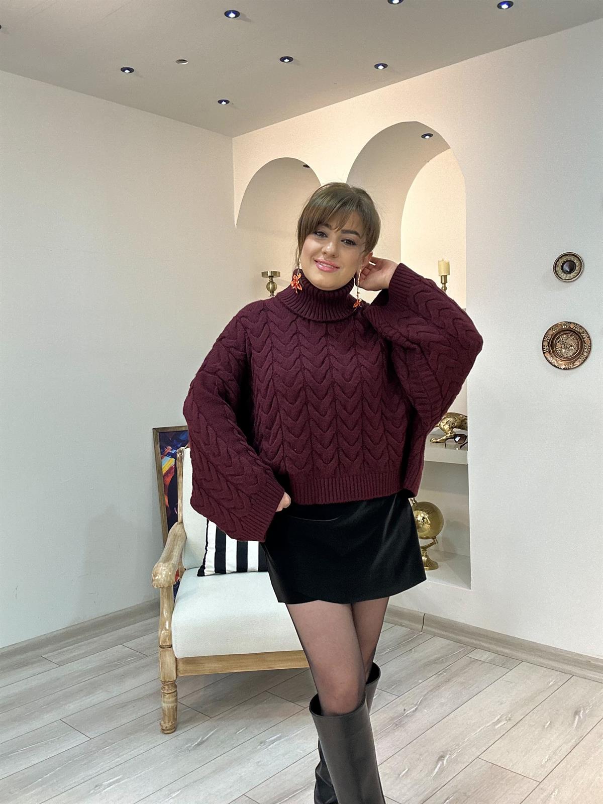 Boğazlı Örgü Yarasa Kol Kazak BORDO