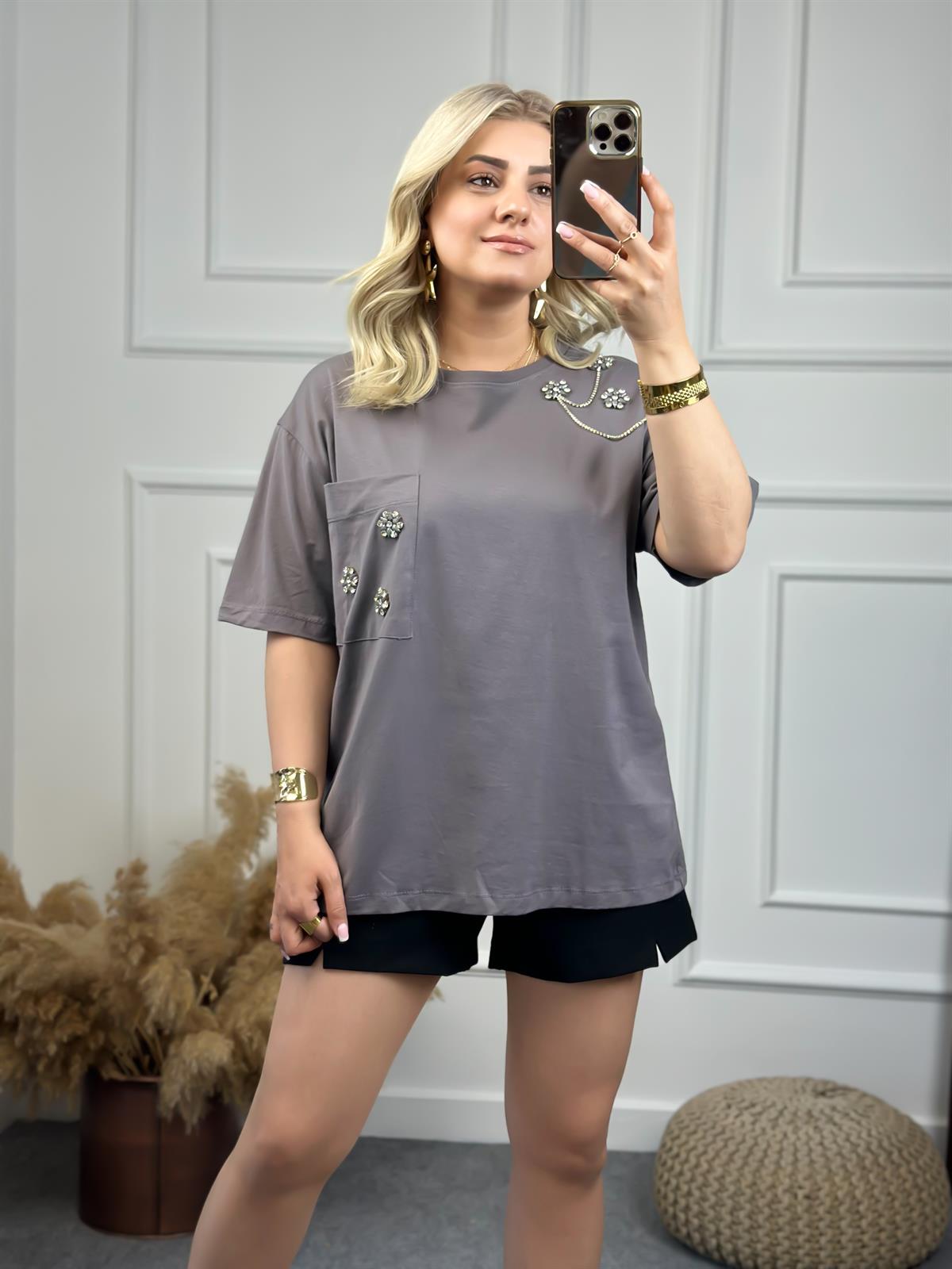 Cebi Taşlı Tshirt FÜME