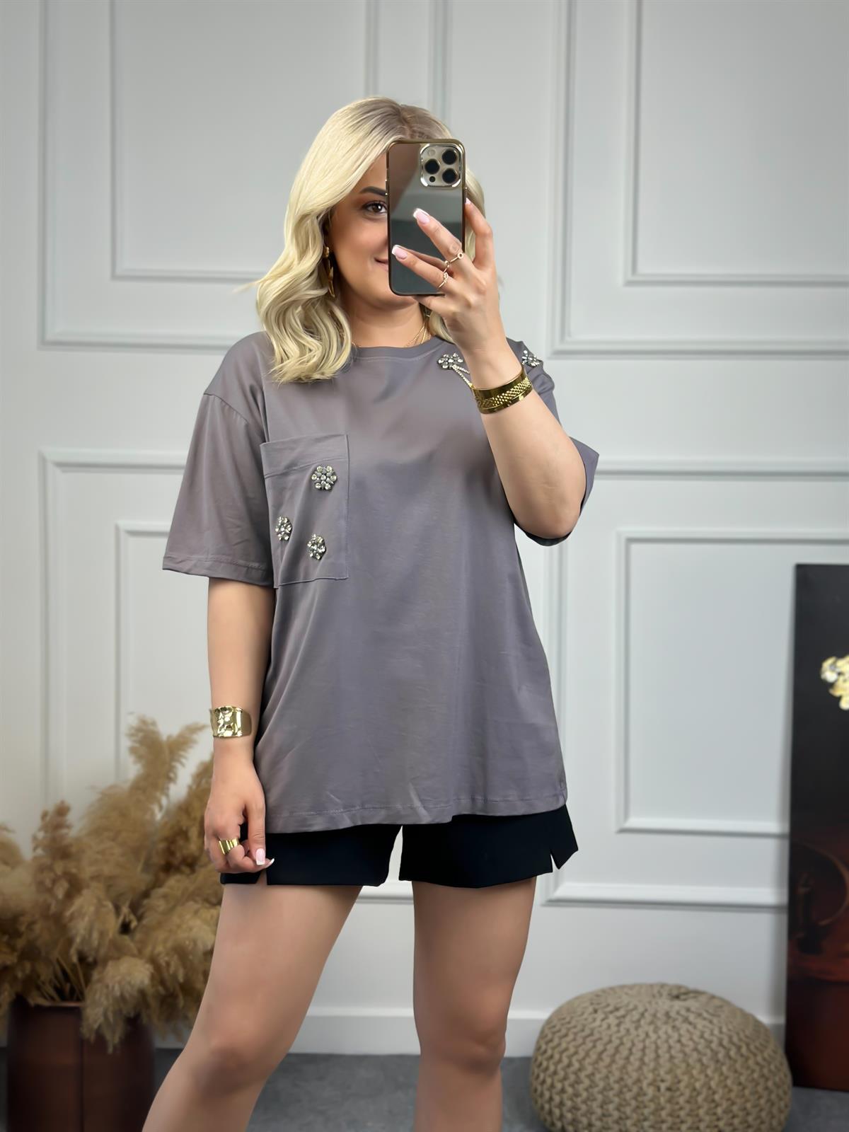 Cebi Taşlı Tshirt FÜME