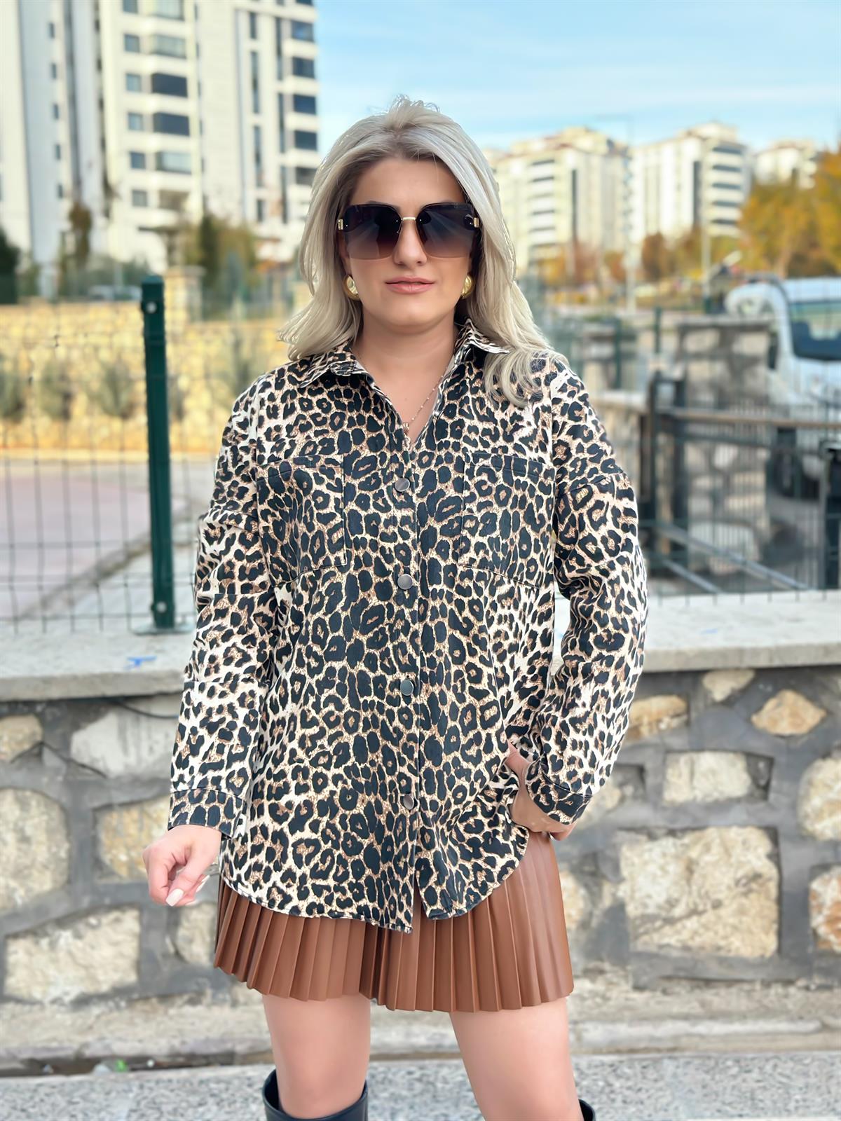 Cepli leopar Gömlek KAHVE