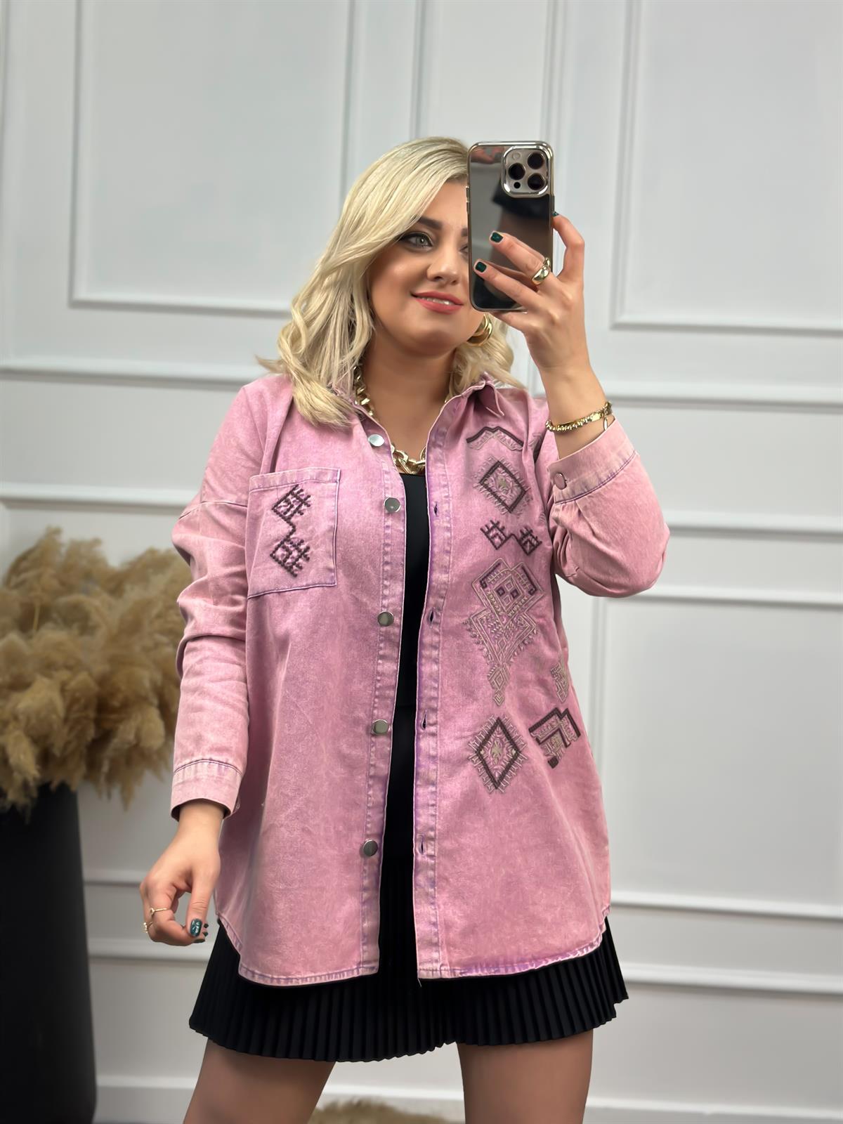 Cepli Nakışlı Gabardin Gömlek LİLA