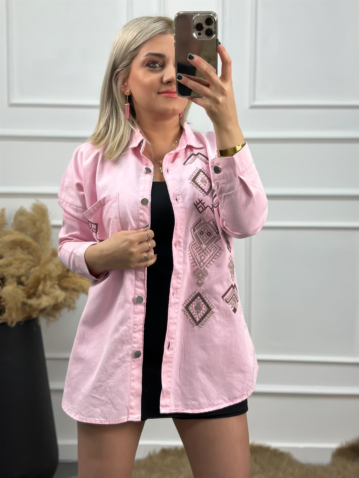 Cepli Nakışlı Gabardin Gömlek PEMBE