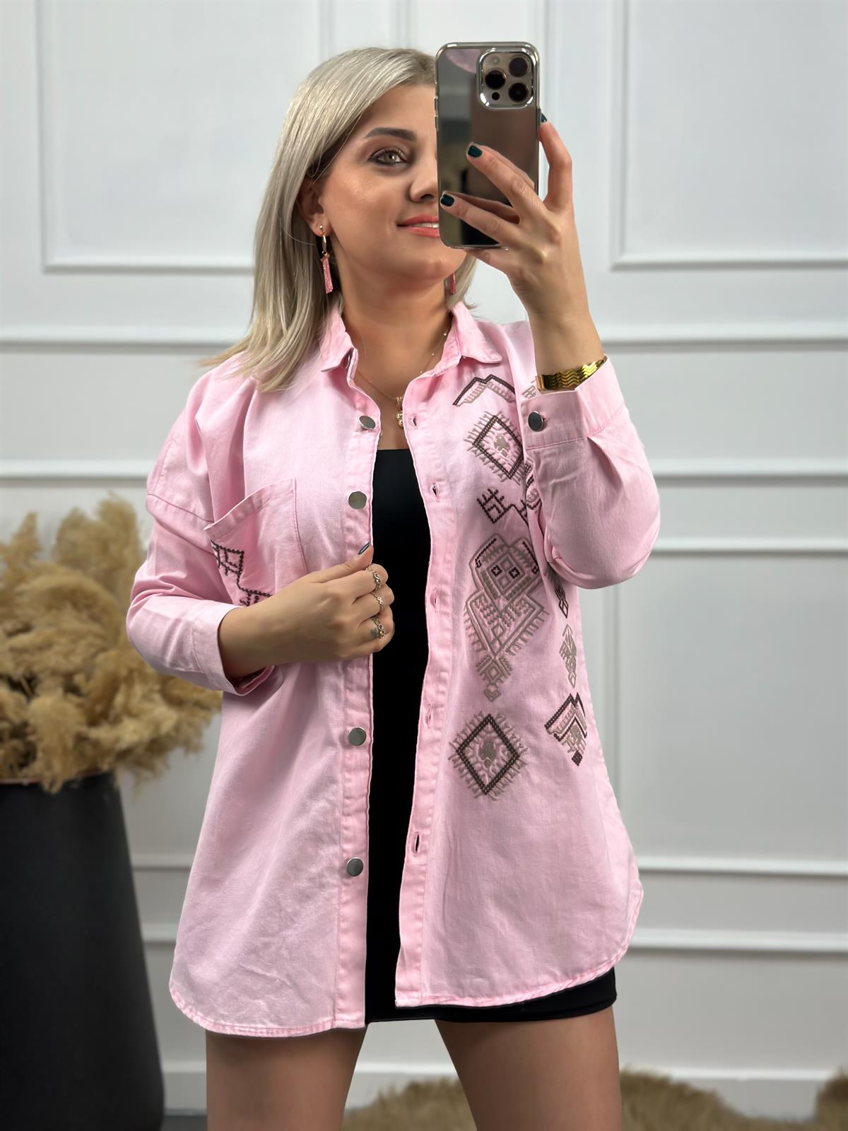 Cepli Nakışlı Gabardin Gömlek PEMBE