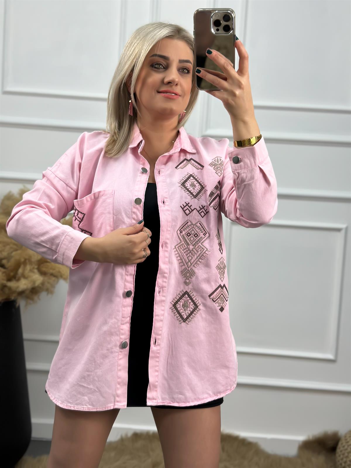 Cepli Nakışlı Gabardin Gömlek PEMBE