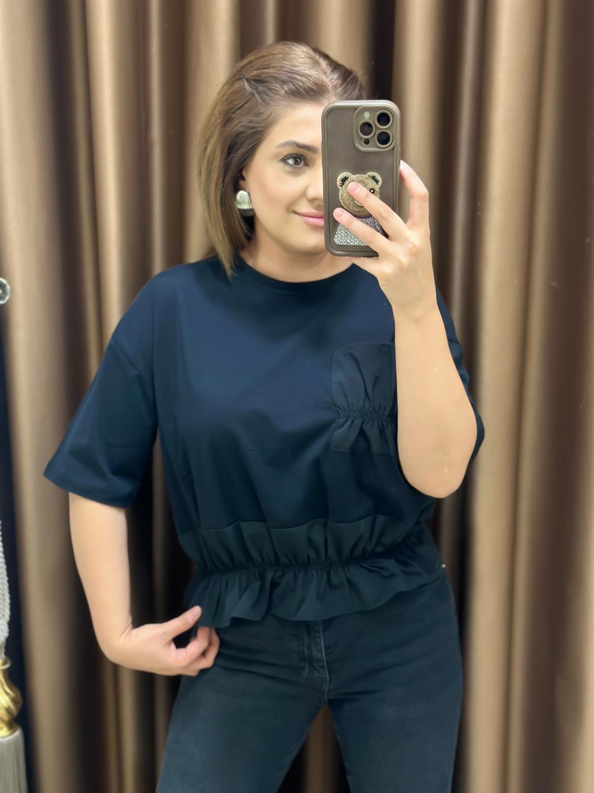 Cepli Önü Büzgü Detay Tshirt SİYAH