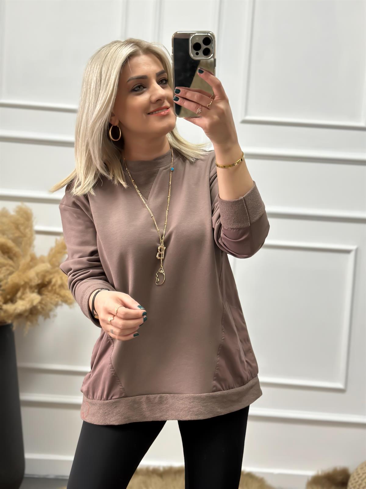 Cepli Poplin Detaylı Sweatshırt KAHVE