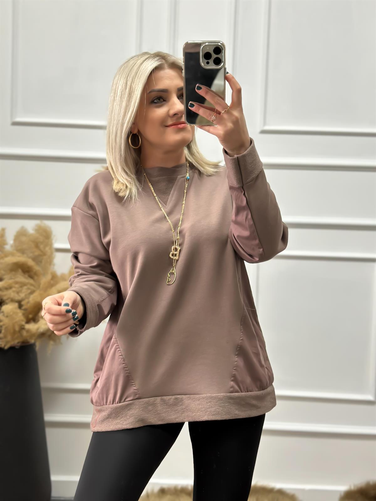 Cepli Poplin Detaylı Sweatshırt KAHVE