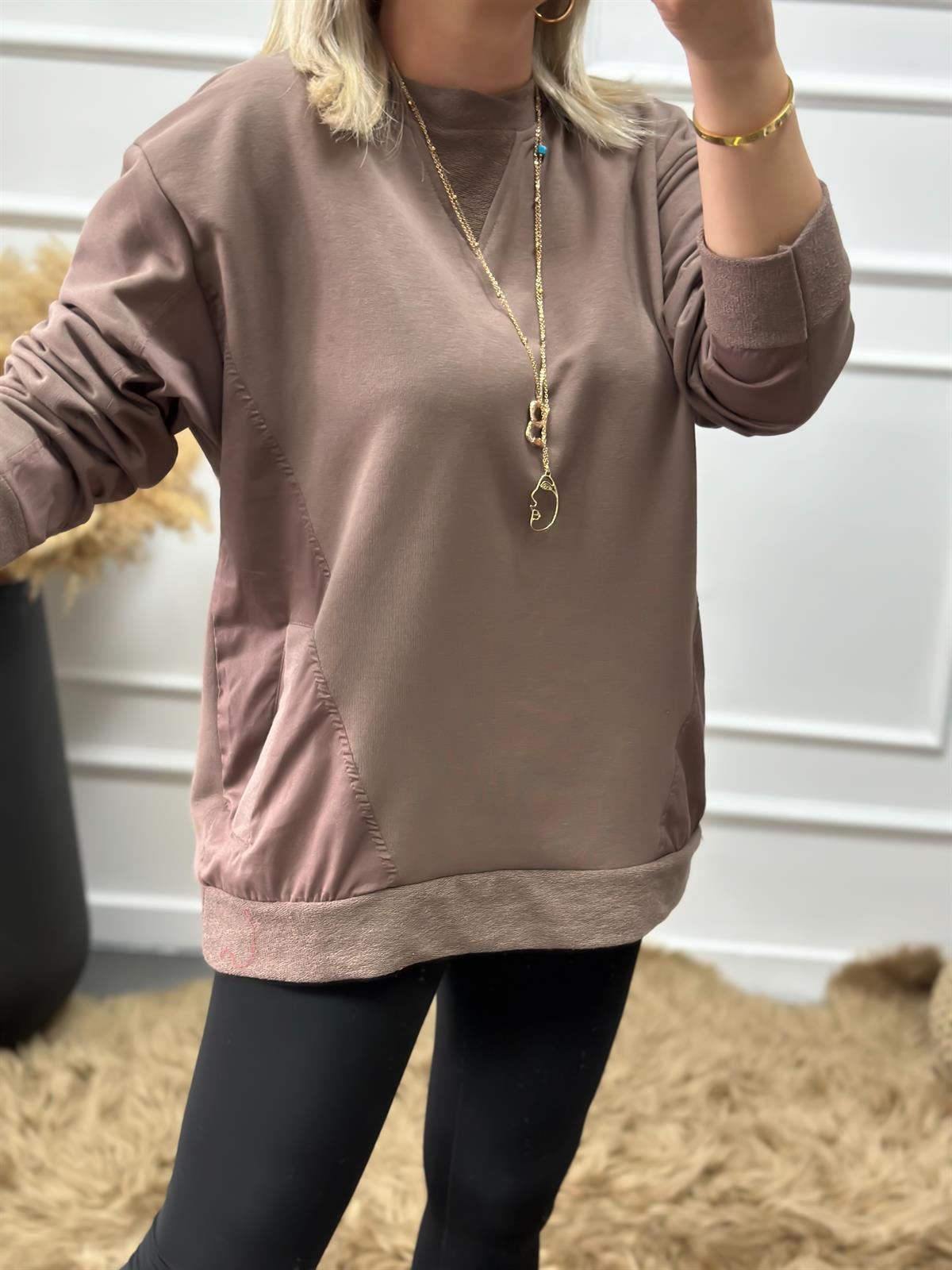 Cepli Poplin Detaylı Sweatshırt KAHVE