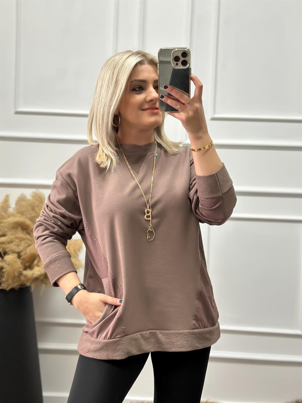 Cepli Poplin Detaylı Sweatshırt KAHVE