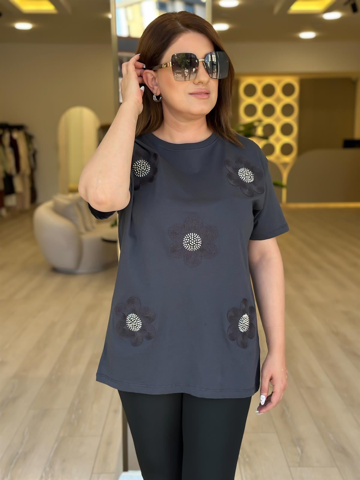 Çiçek Detaylı Taşlı Tshirt ANTRASİT