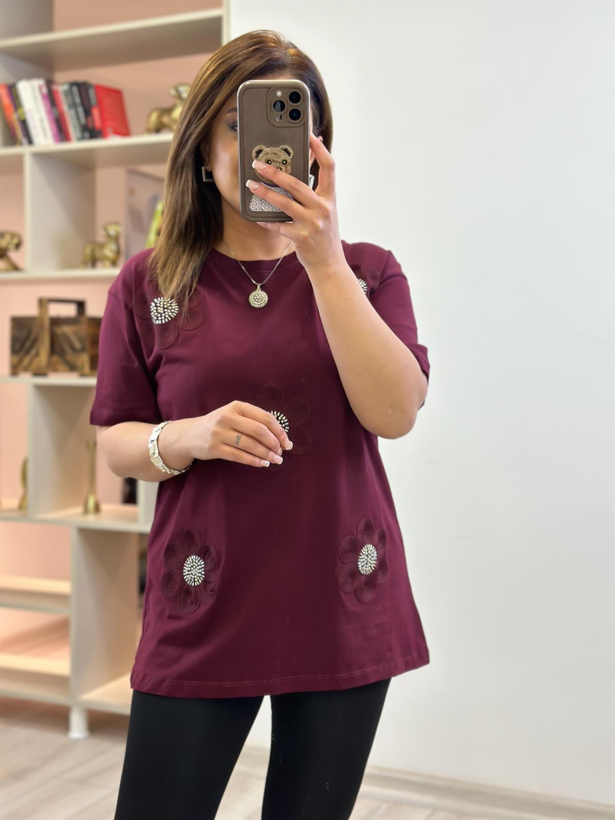Çiçek Detaylı Taşlı Tshirt BORDO