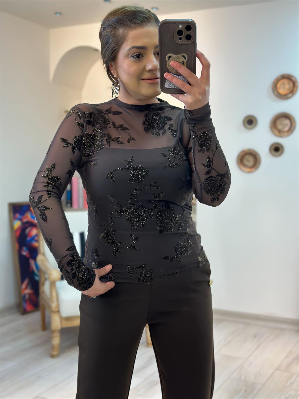 Çiçek Detaylı Transparan Bluz KAHVE