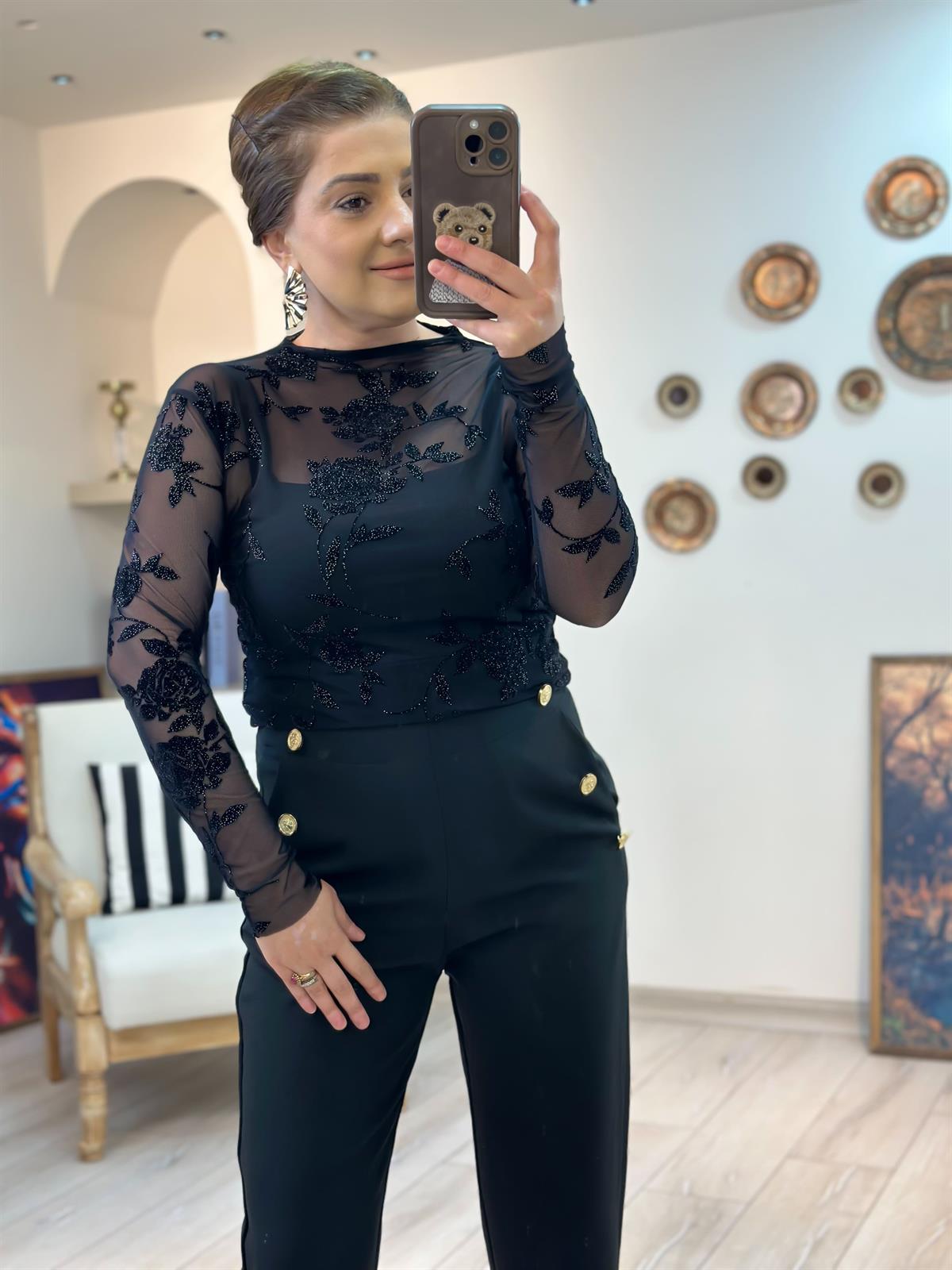 Çiçek Detaylı Transparan Bluz SİYAH