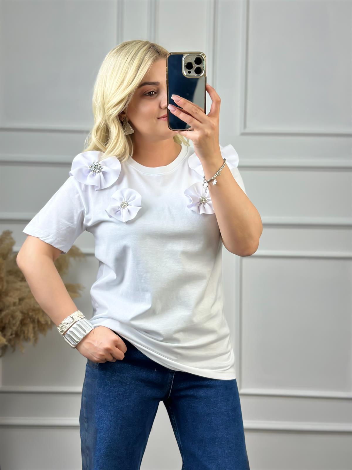 Çiçekli Taşlı Tshirt BEYAZ