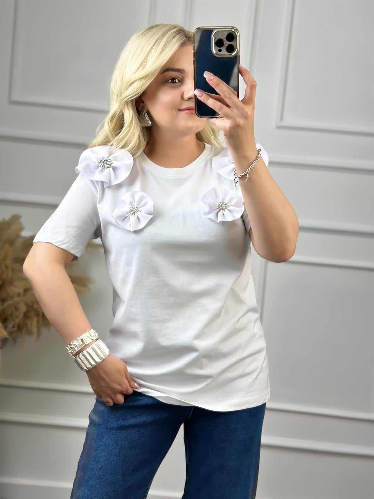 Çiçekli Taşlı Tshirt BEYAZ