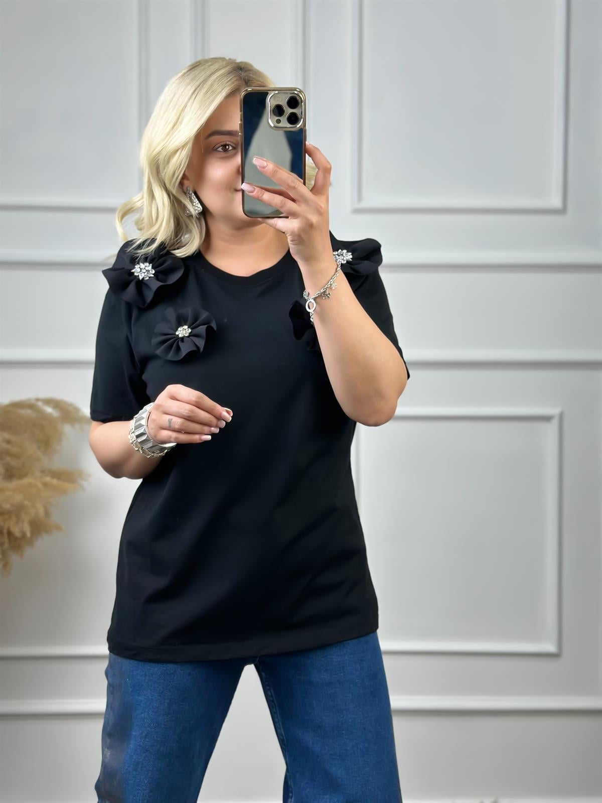 Çiçekli Taşlı Tshirt SİYAH
